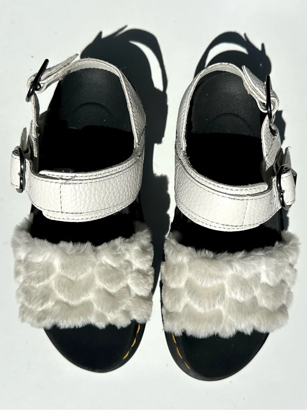 Dr. Martens Voss White Faux-Fur & Leather Platform Sandals Black Sole, UK 4 US 6